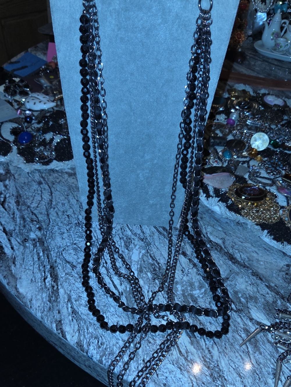 Multi-Strand Black Beaded & Chain Necklace